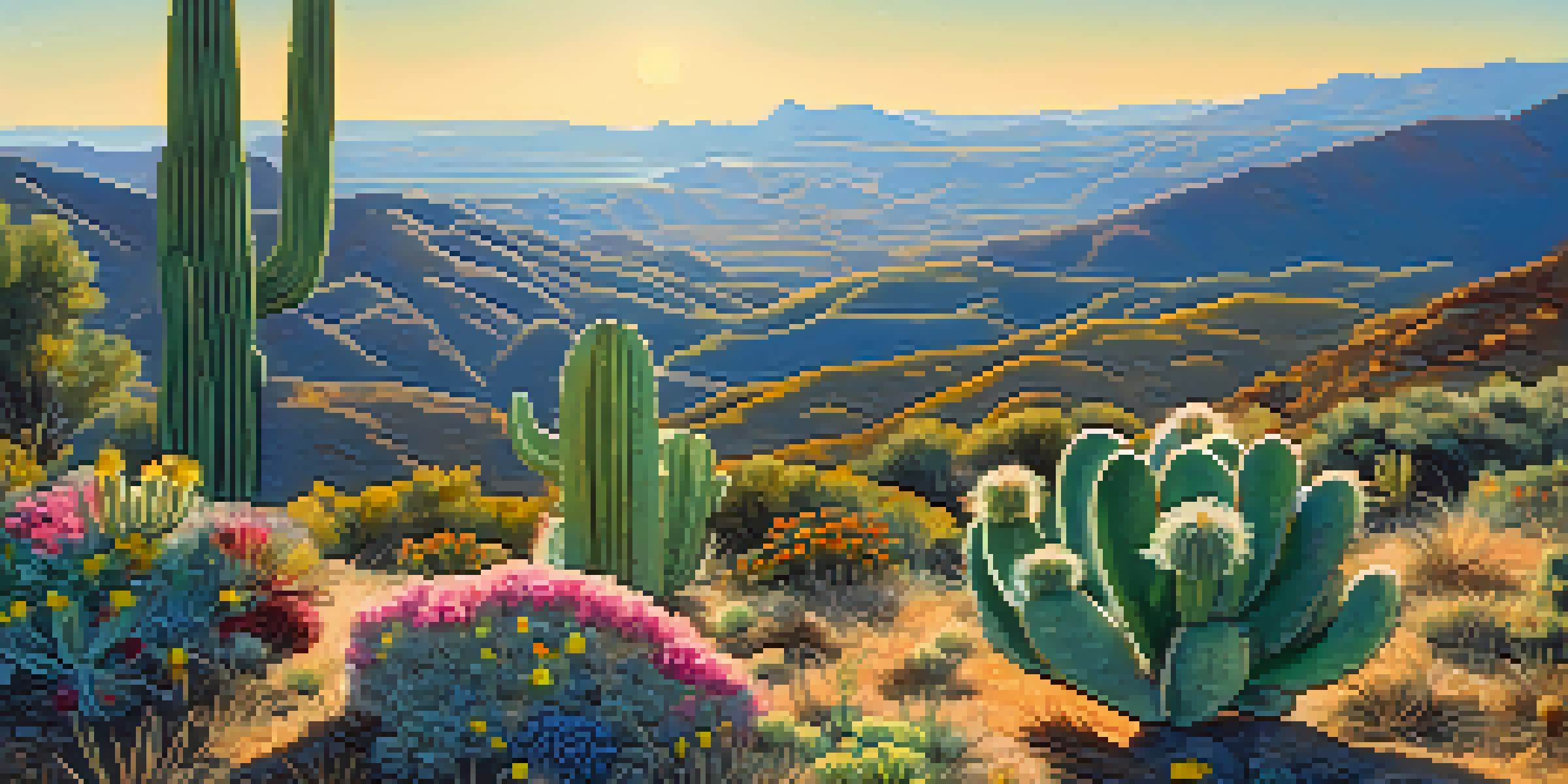 A landscape with a small peyote cactus surrounded by wildflowers under a blue sky, with hills in the background.