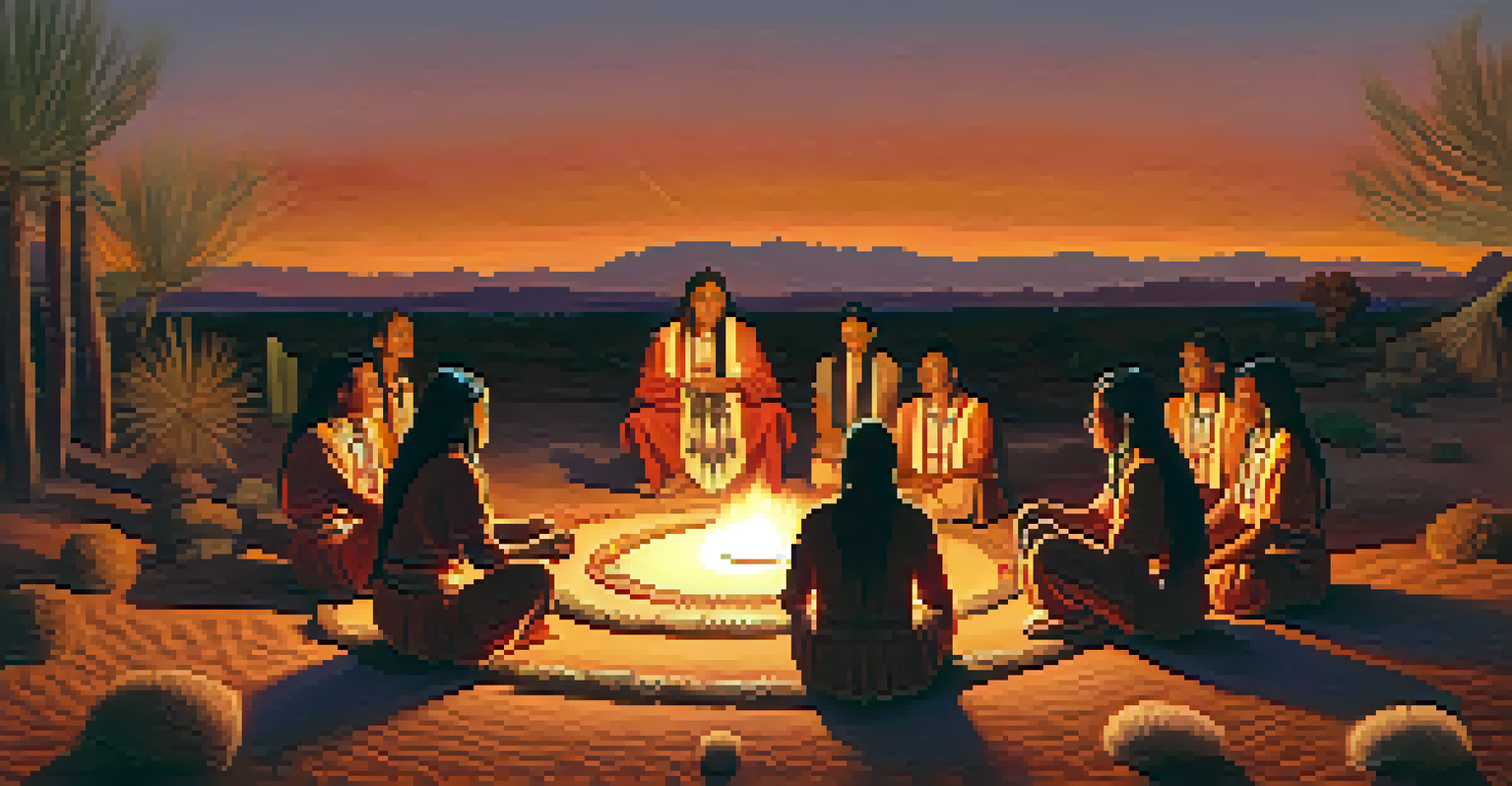 A tranquil Native American spiritual ceremony with participants around a fire in a desert setting at dusk.