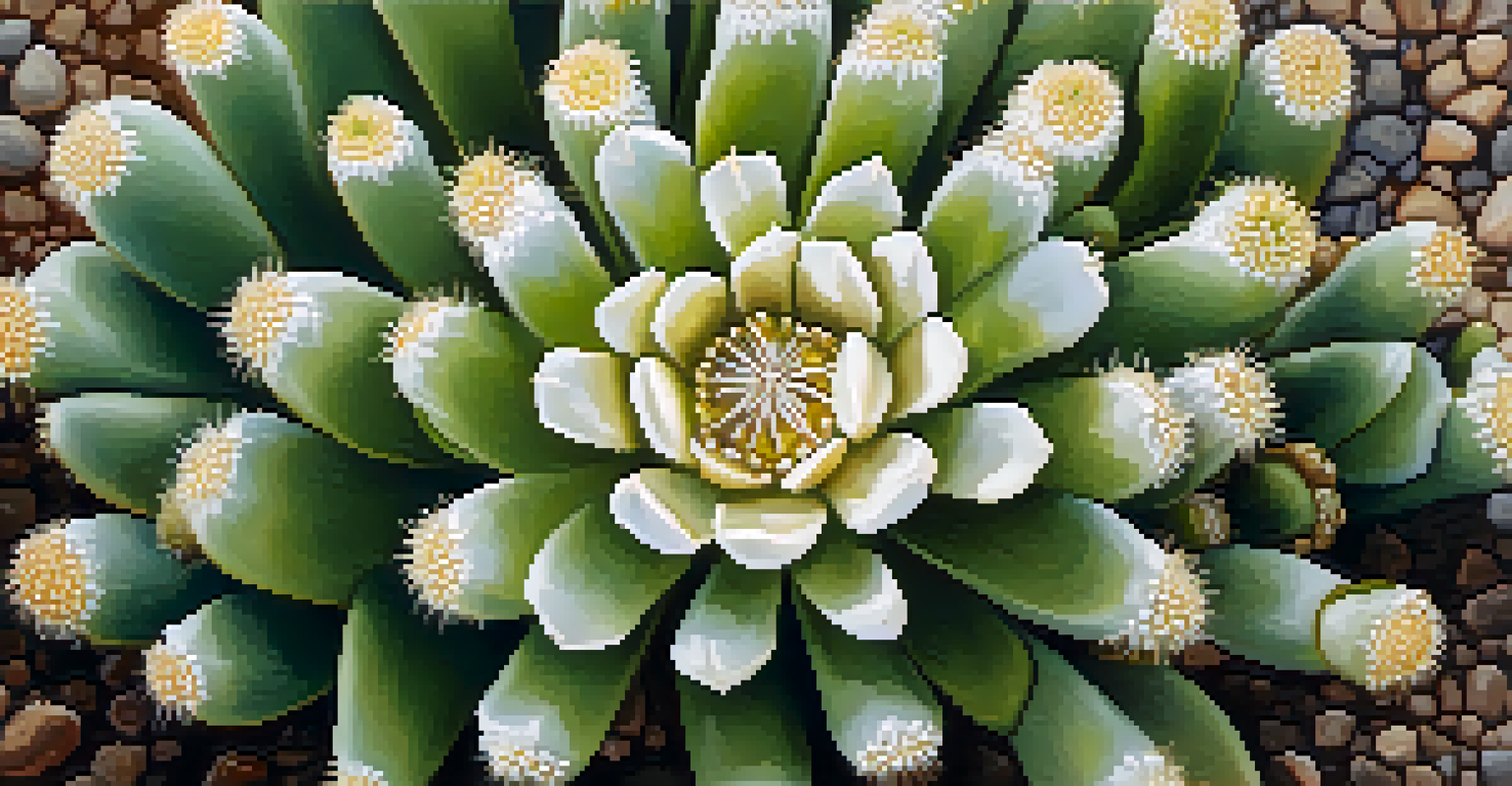 A close-up of a peyote cactus with white flowers and textured skin, surrounded by natural elements.