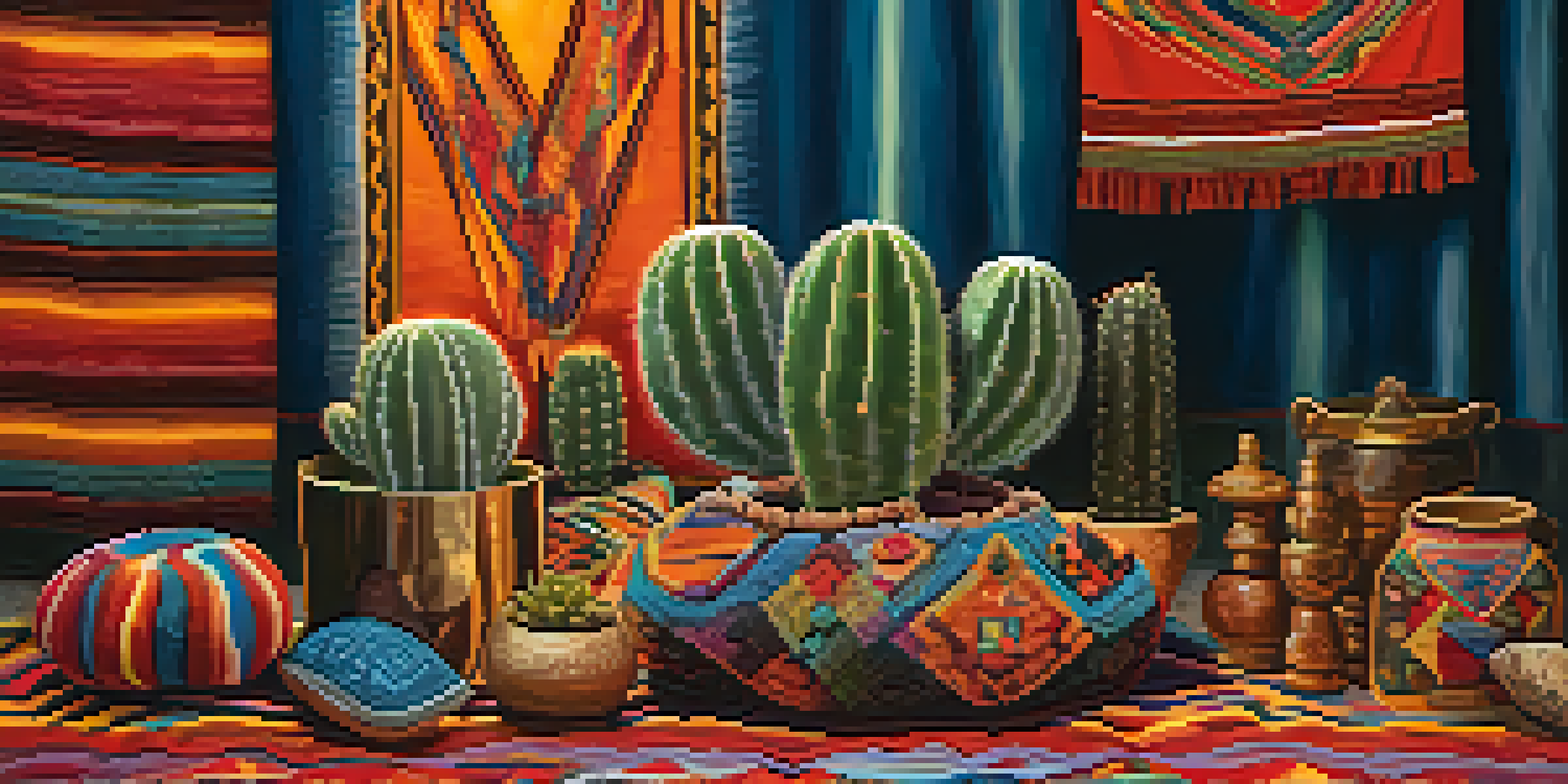 A peyote cactus surrounded by colorful fabrics and ceremonial items under warm light.
