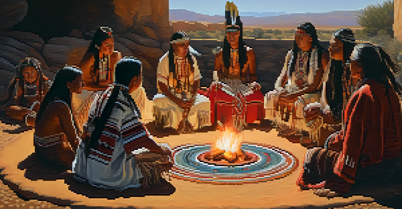 A group of Native American individuals participating in a peyote ceremony around a fire.
