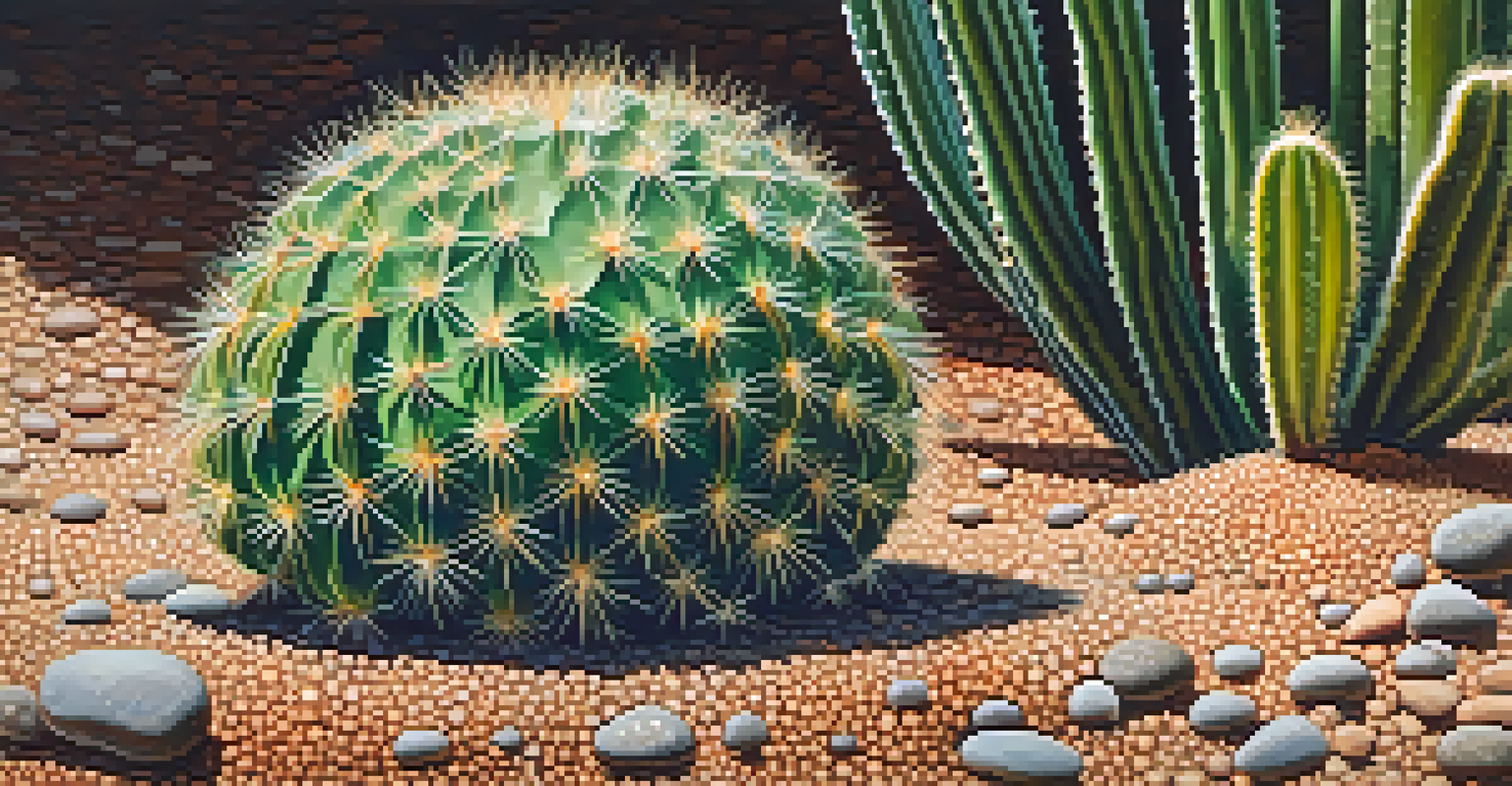 A detailed close-up of a peyote cactus under natural sunlight, highlighting its unique texture and circular patterns against a backdrop of pebbles and desert soil.