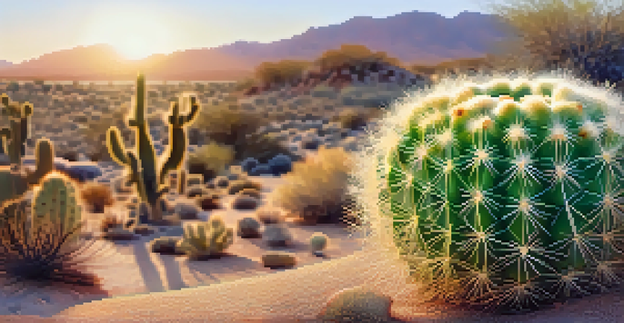 A close-up of a peyote cactus surrounded by desert plants, illuminated by warm sunlight.