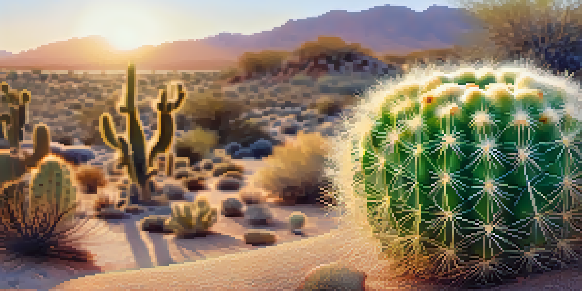 A close-up of a peyote cactus surrounded by desert plants, illuminated by warm sunlight.