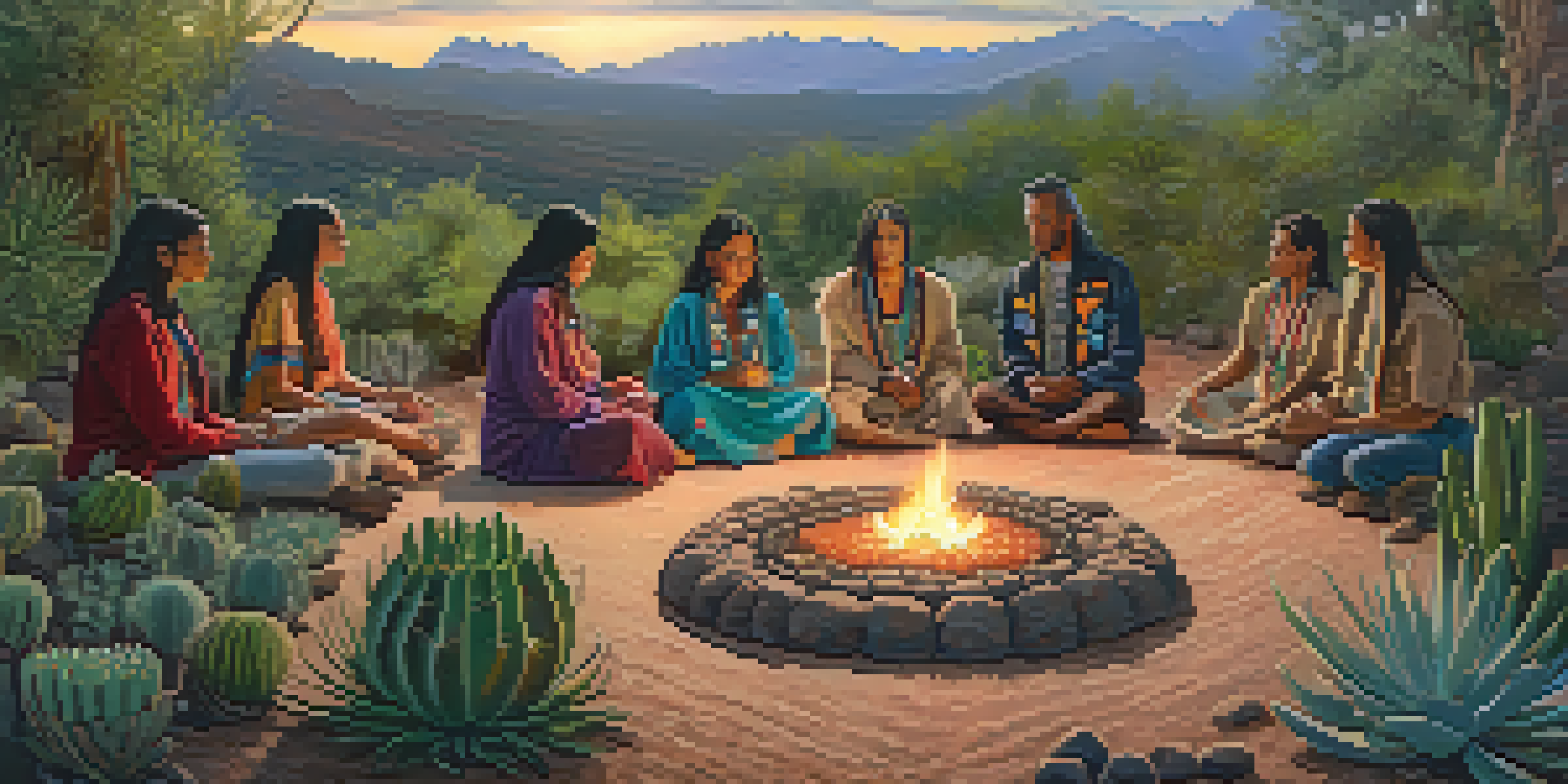 Participants in a peyote ceremony sitting in a circle around a small fire in a natural setting, with warm lighting and vibrant plants surrounding them.