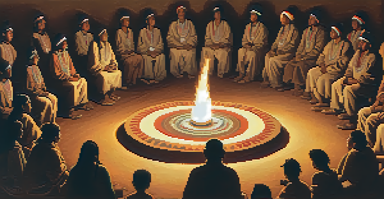 An Indigenous ceremonial gathering with a central fire and Peyote cactus, highlighting community and spirituality under warm light.