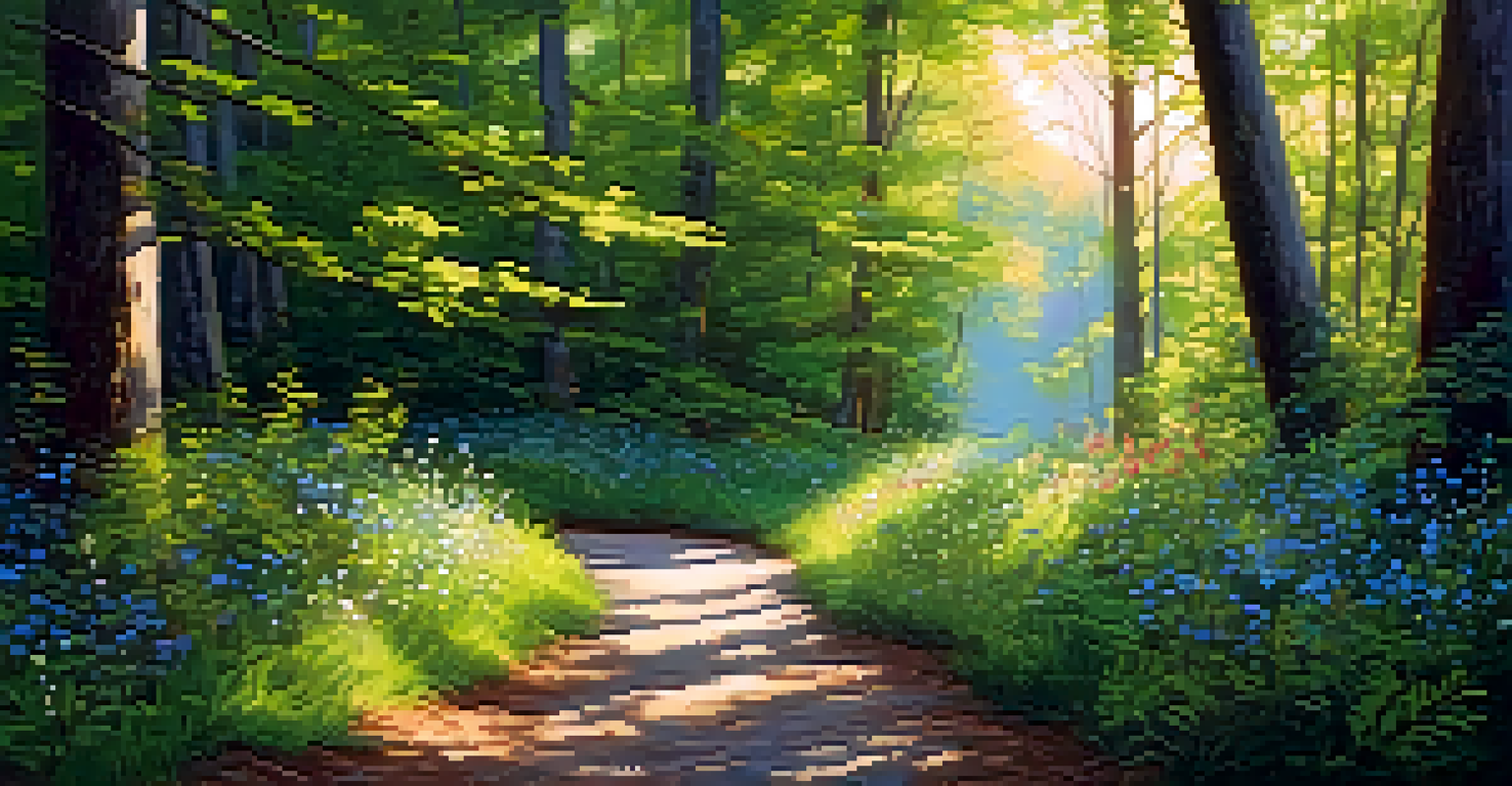 A tranquil forest pathway with sunlight filtering through leaves and wildflowers lining the sides, creating a peaceful atmosphere.