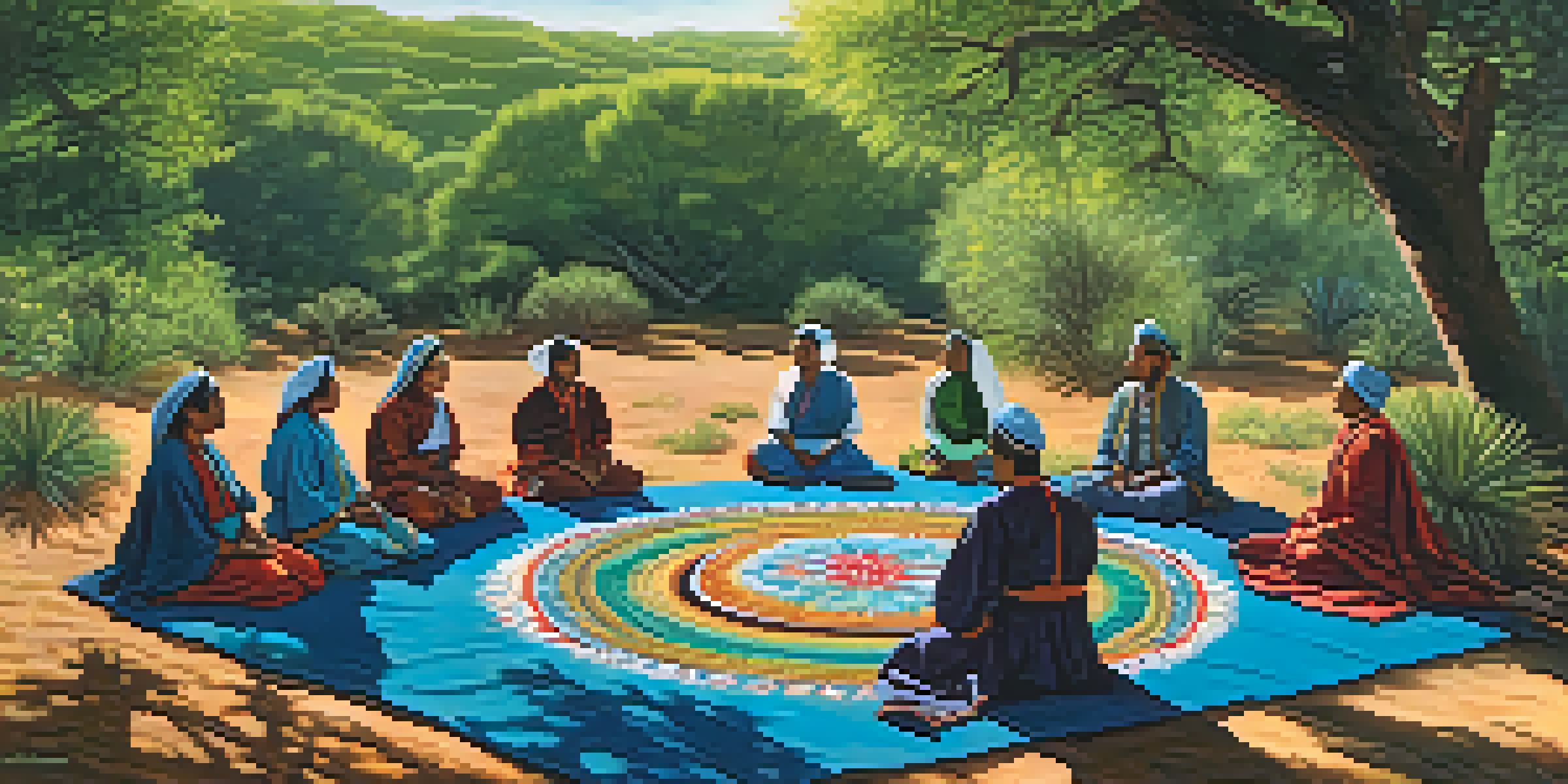 A group of participants in traditional attire sitting in a circle during a peyote ritual in a lush green landscape, with sunlight filtering through trees and peyote cacti in the foreground.