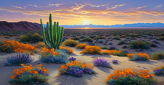 A peaceful desert scene at sunset featuring a small peyote cactus and colorful wildflowers under a beautifully colored sky.