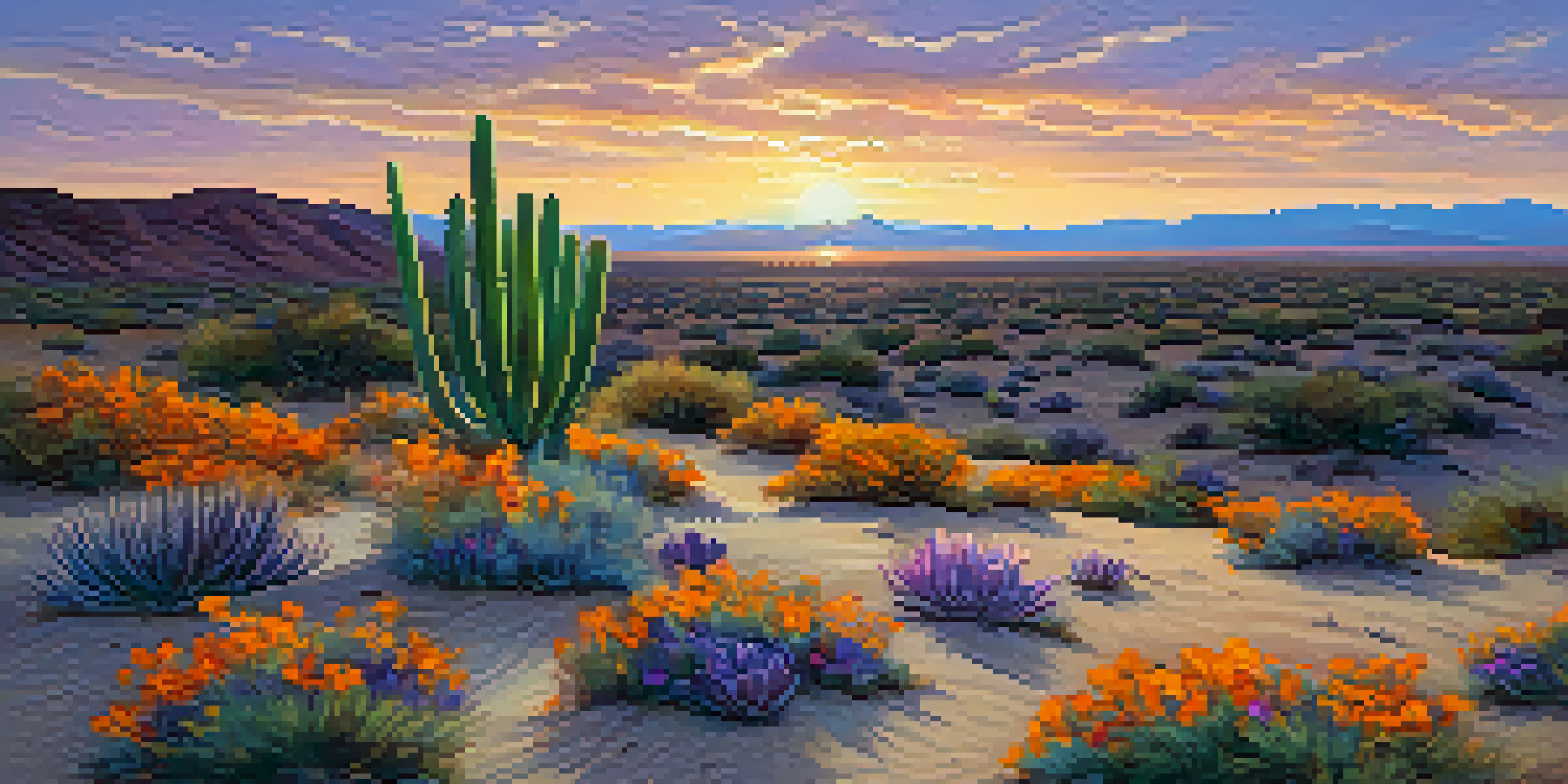 A peaceful desert scene at sunset featuring a small peyote cactus and colorful wildflowers under a beautifully colored sky.