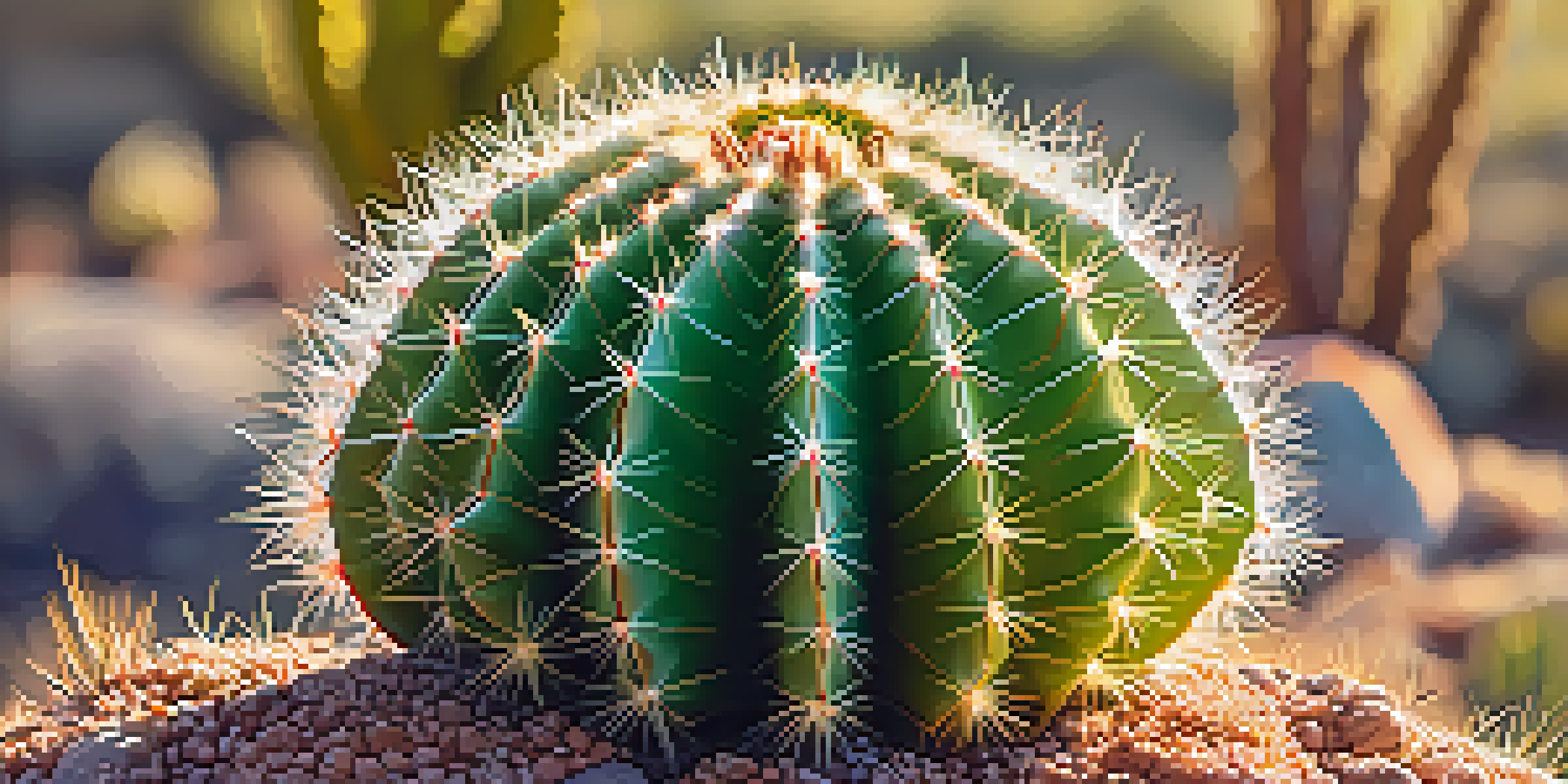A close-up of a Peyote cactus with a round shape and spiky texture, surrounded by desert plants under warm sunlight.