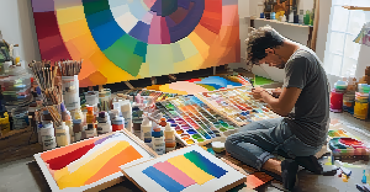 An artist painting on a large canvas in a sunlit studio, surrounded by colorful art supplies and abstract shapes.
