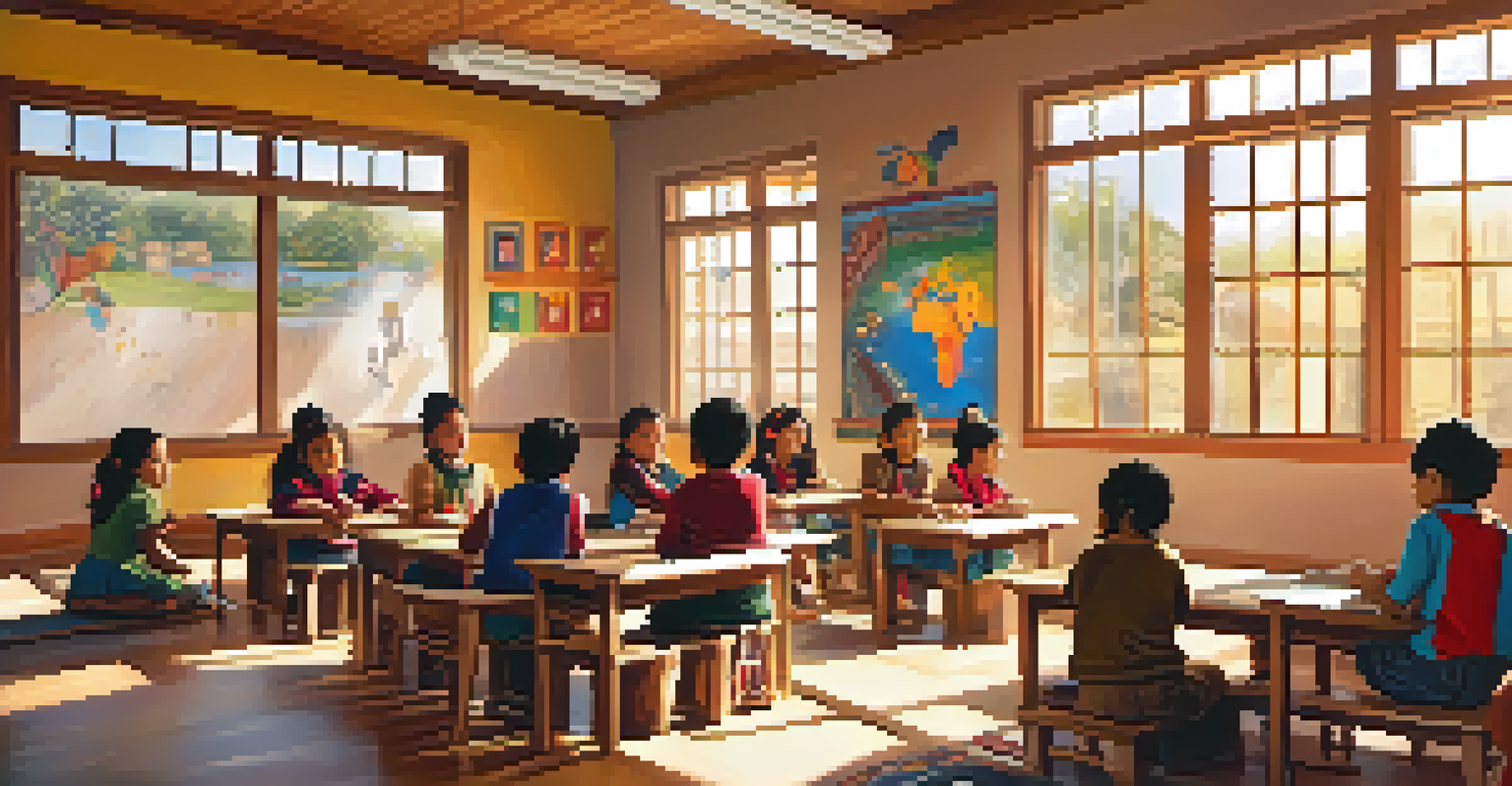 An engaging classroom with Indigenous children learning their language through storytelling, surrounded by colorful cultural artwork and bright sunlight.