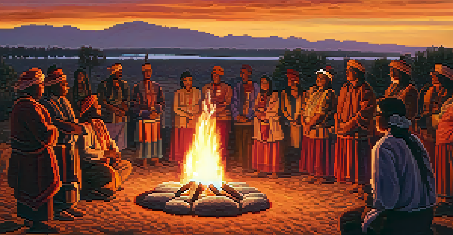An Indigenous ceremony at sunset with participants in traditional attire gathered around a fire, engaging in song and prayer.