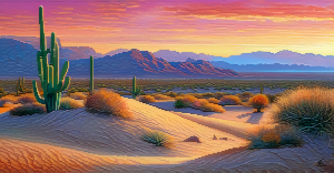 A desert landscape at sunrise with peyote cacti in the foreground and colorful skies.
