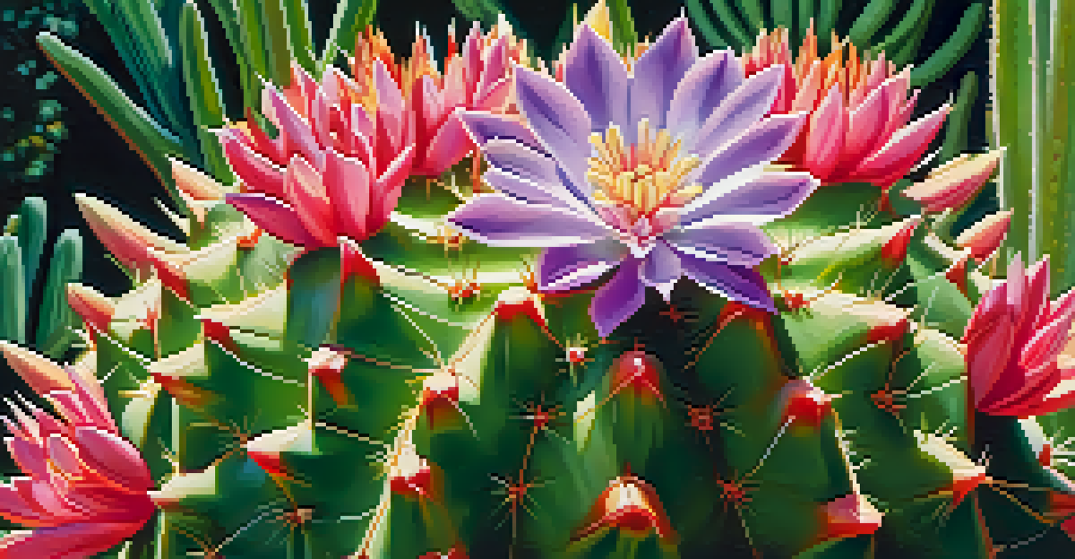 A close-up view of a blooming peyote cactus with green surroundings and soft sunlight.