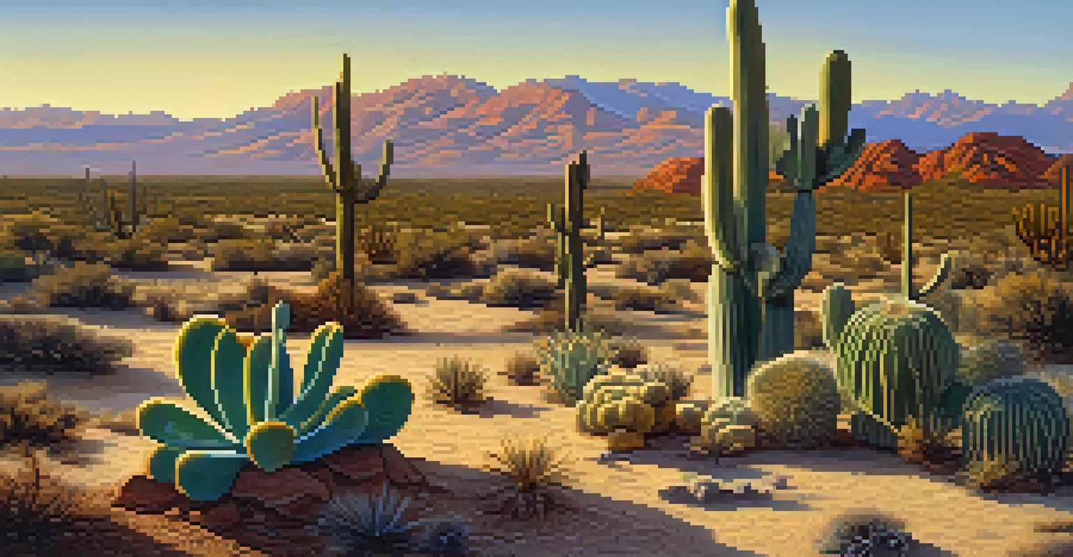 A desert landscape featuring various cacti in golden sunset light, highlighting the textures of the soil and vegetation.