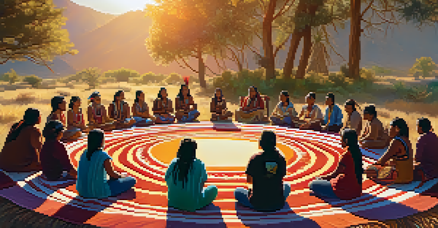 Indigenous people sharing stories in a circle during a peyote celebration, surrounded by warm light and colorful blankets.
