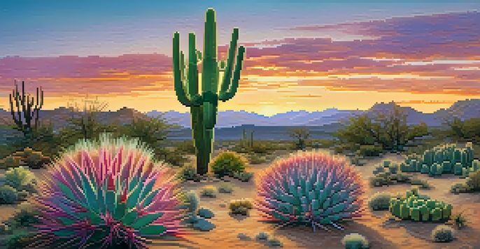 A small peyote cactus in a desert landscape during sunset, with colorful sky and soft focus on the cactus.