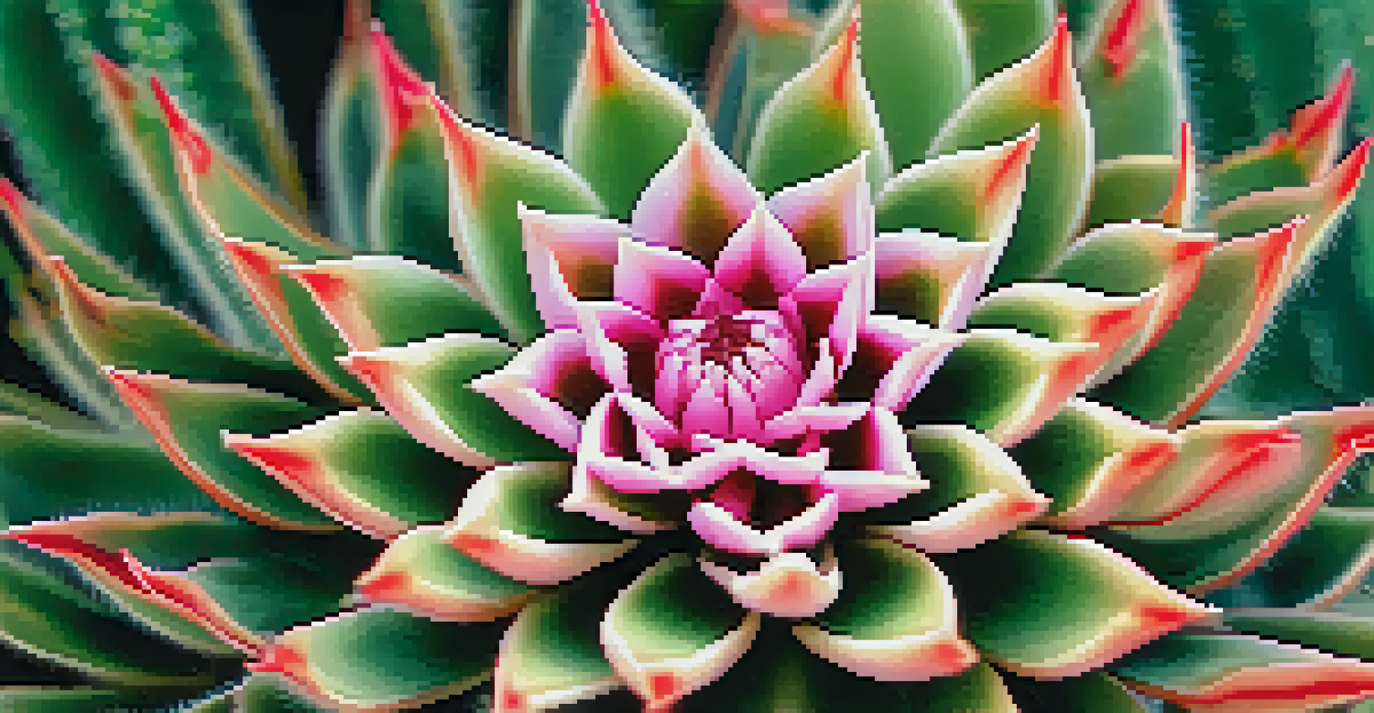 Close-up of a peyote cactus with detailed textures and colorful flowers, set against a blurred green background.