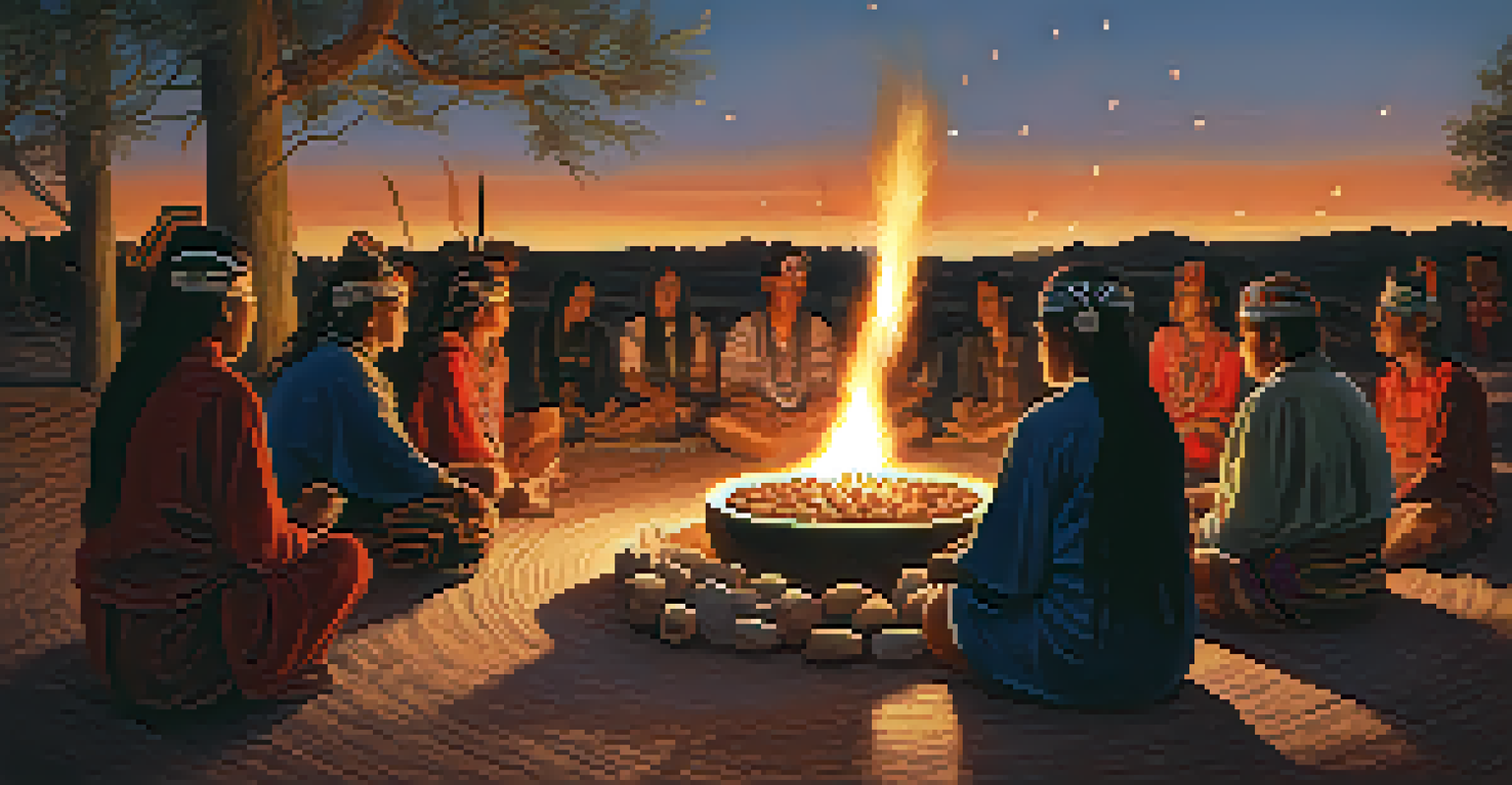A group of individuals gathered around a small fire for a peyote ceremony, with drums and ceremonial items, surrounded by natural scenery.
