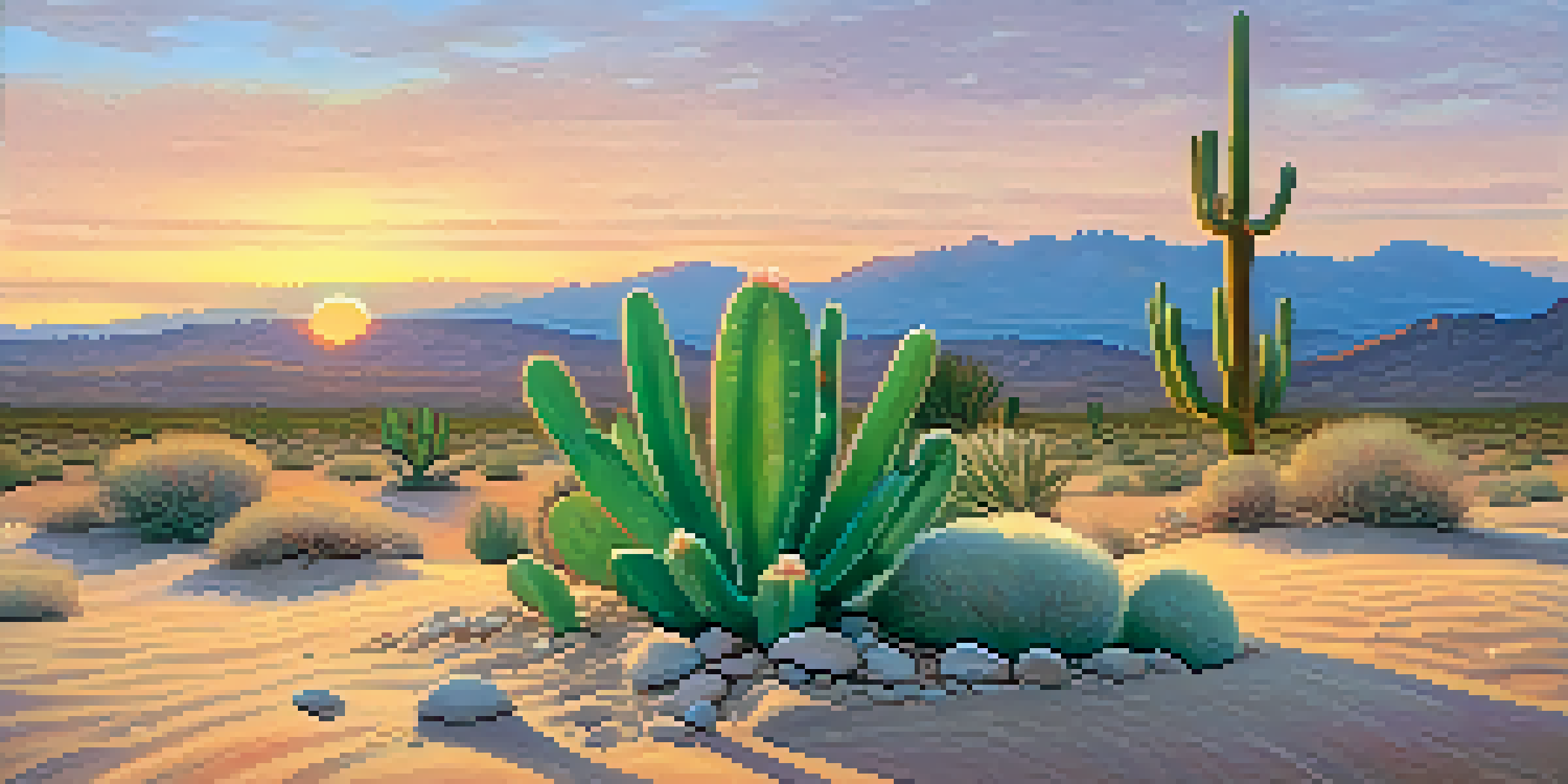 A peaceful desert scene at sunrise with a small green peyote cactus in the foreground and distant mountains in the background under a pastel-colored sky.