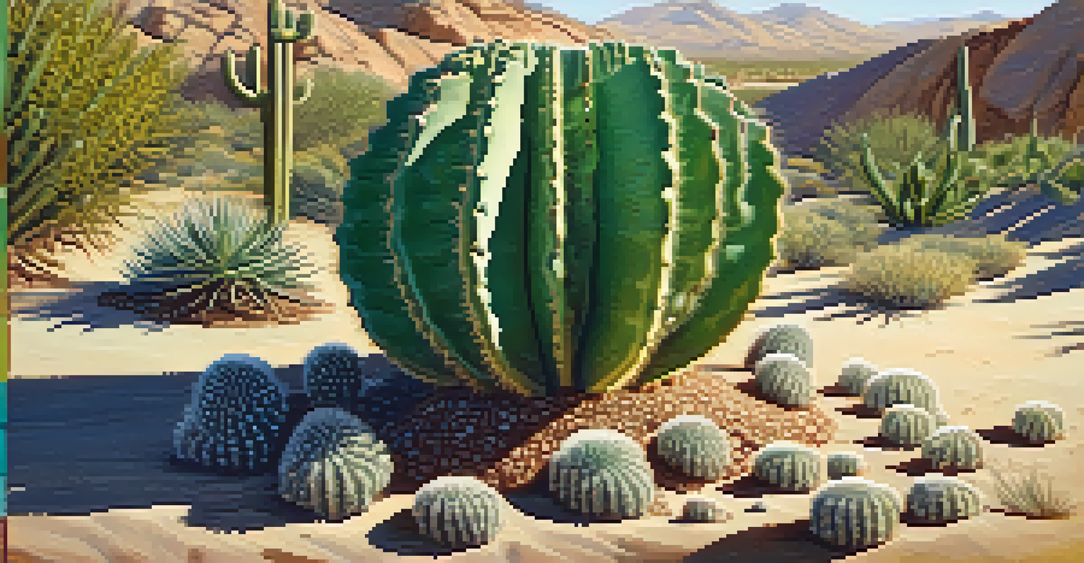 A close-up of a peyote cactus surrounded by desert soil and plants, illuminated by sunlight.