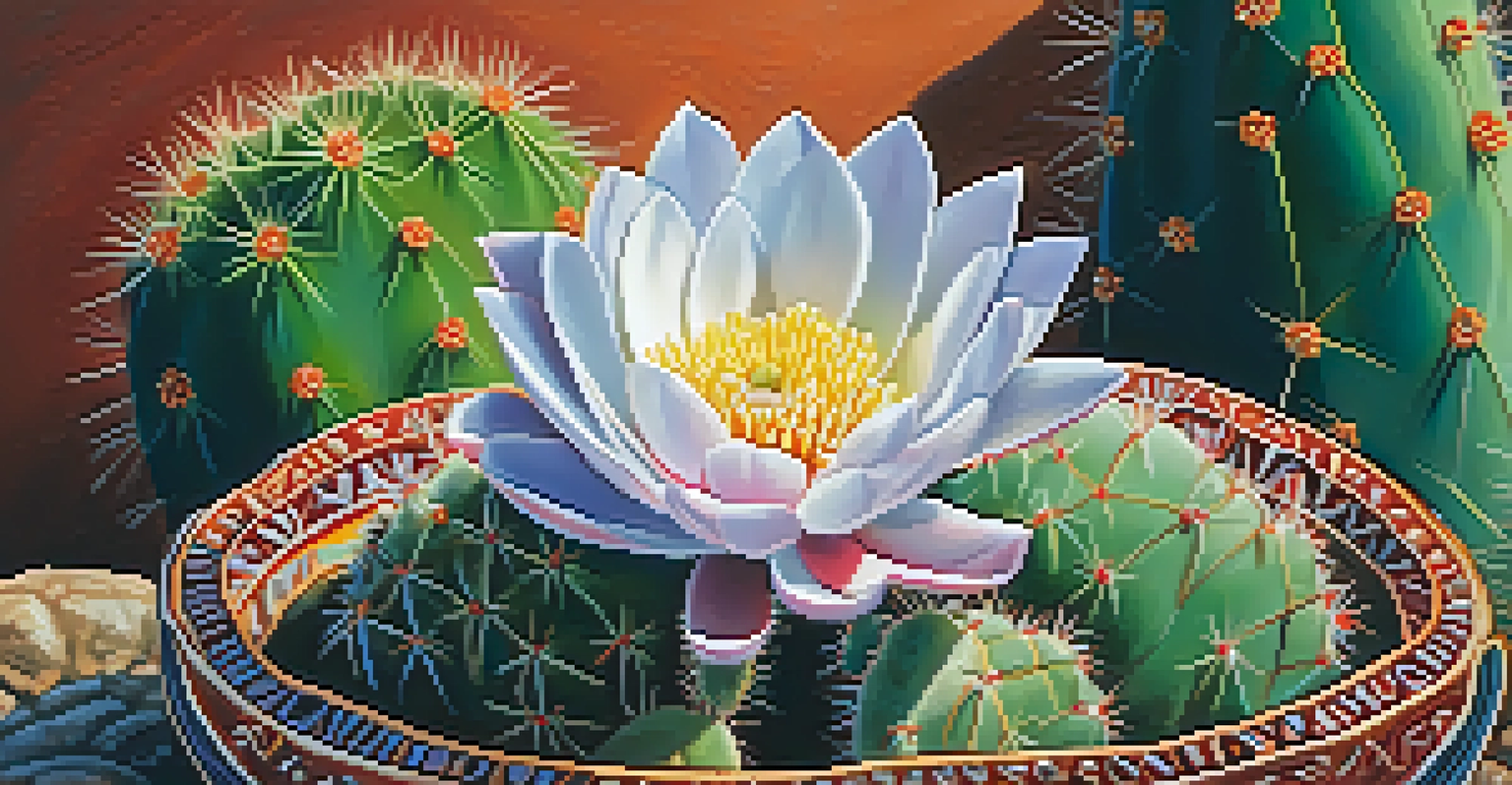 A close-up image of a peyote cactus with flowers, set against a blurred ceremonial background.
