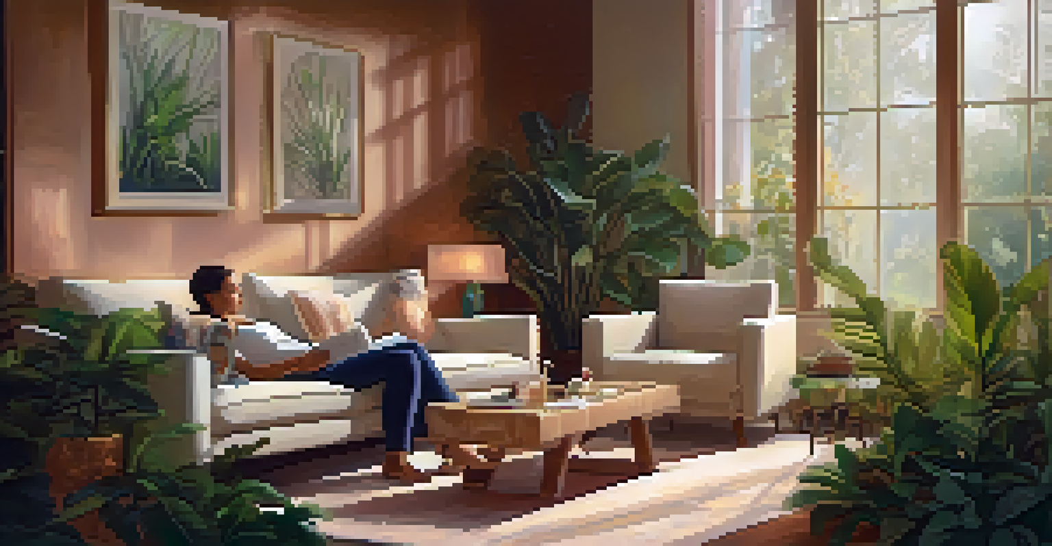 A cozy therapy session with a therapist and client sitting on cushions in a warmly lit room filled with plants and crystals.