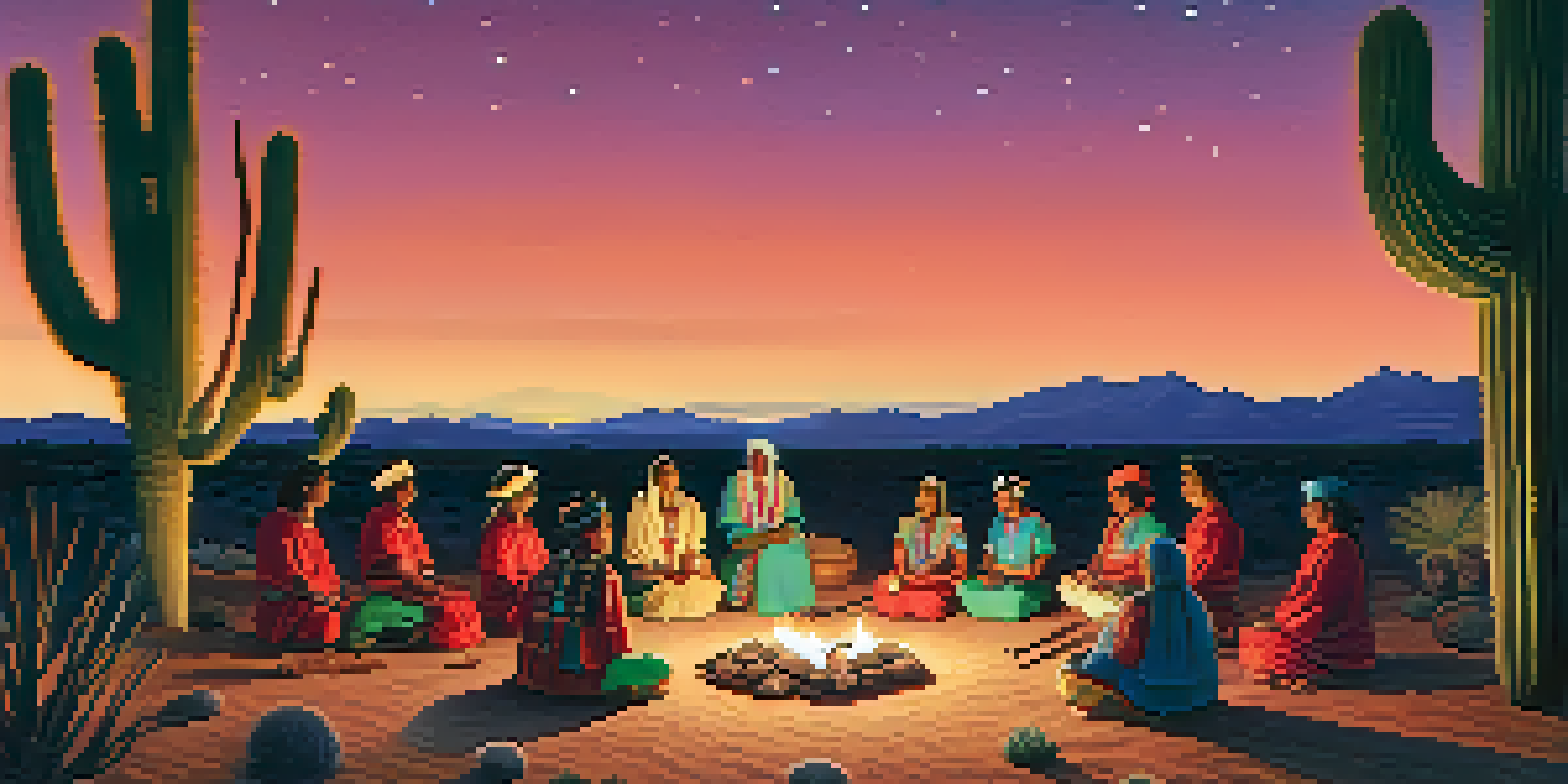 Indigenous people in traditional clothing gathered around a fire during a ceremony under a starry sky.