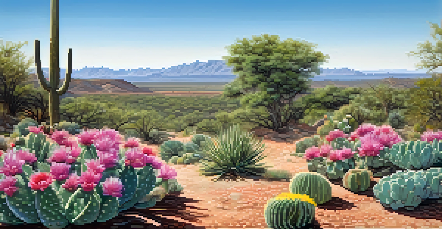 A protected area for peyote plants with blooming cacti and wildflowers, under a clear blue sky.
