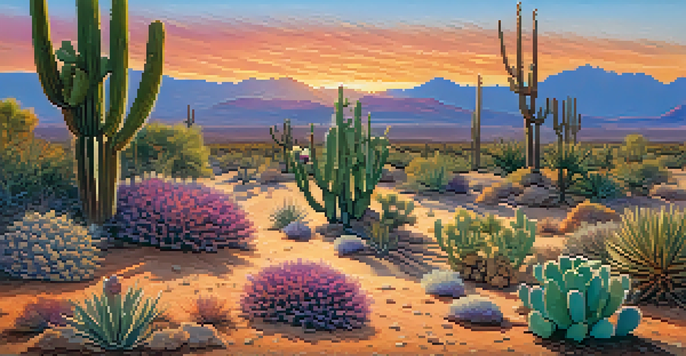 A tranquil desert scene at sunset showcasing peyote cacti against a colorful sky, highlighting the textures of the cacti and the shadows they cast on the sand.