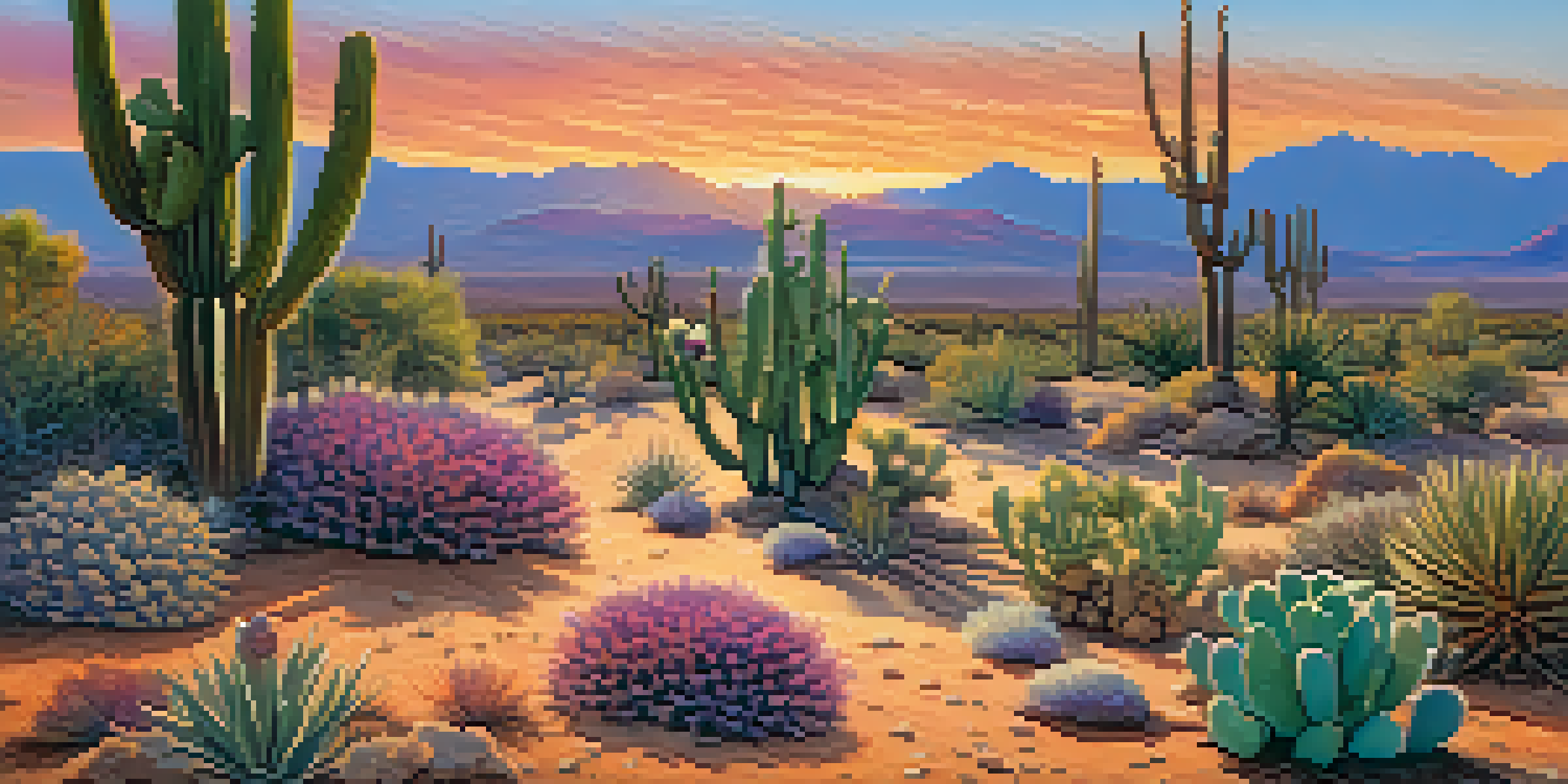 A tranquil desert scene at sunset showcasing peyote cacti against a colorful sky, highlighting the textures of the cacti and the shadows they cast on the sand.