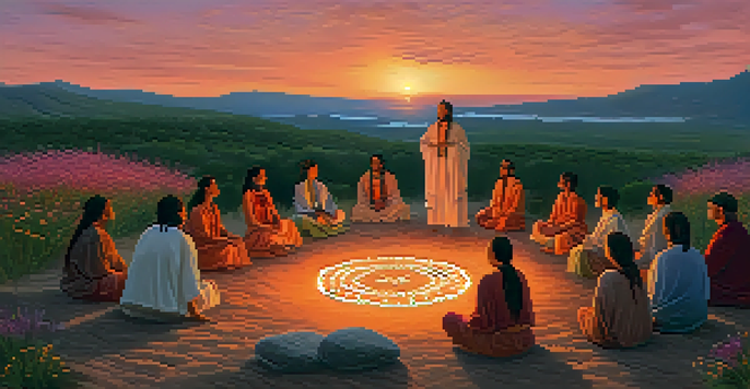 A peyote ceremony during sunset with participants in a circle, a shaman at the center, and warm colors in the sky.
