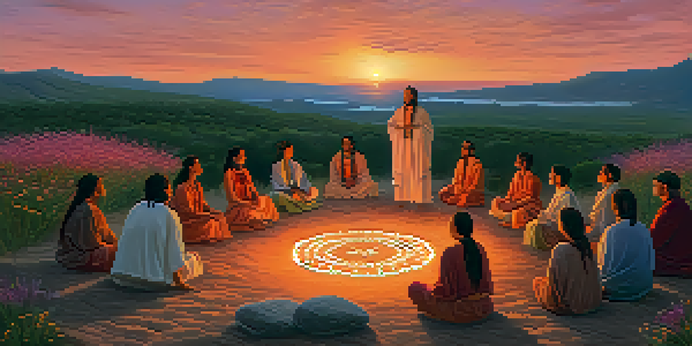 A peyote ceremony during sunset with participants in a circle, a shaman at the center, and warm colors in the sky.