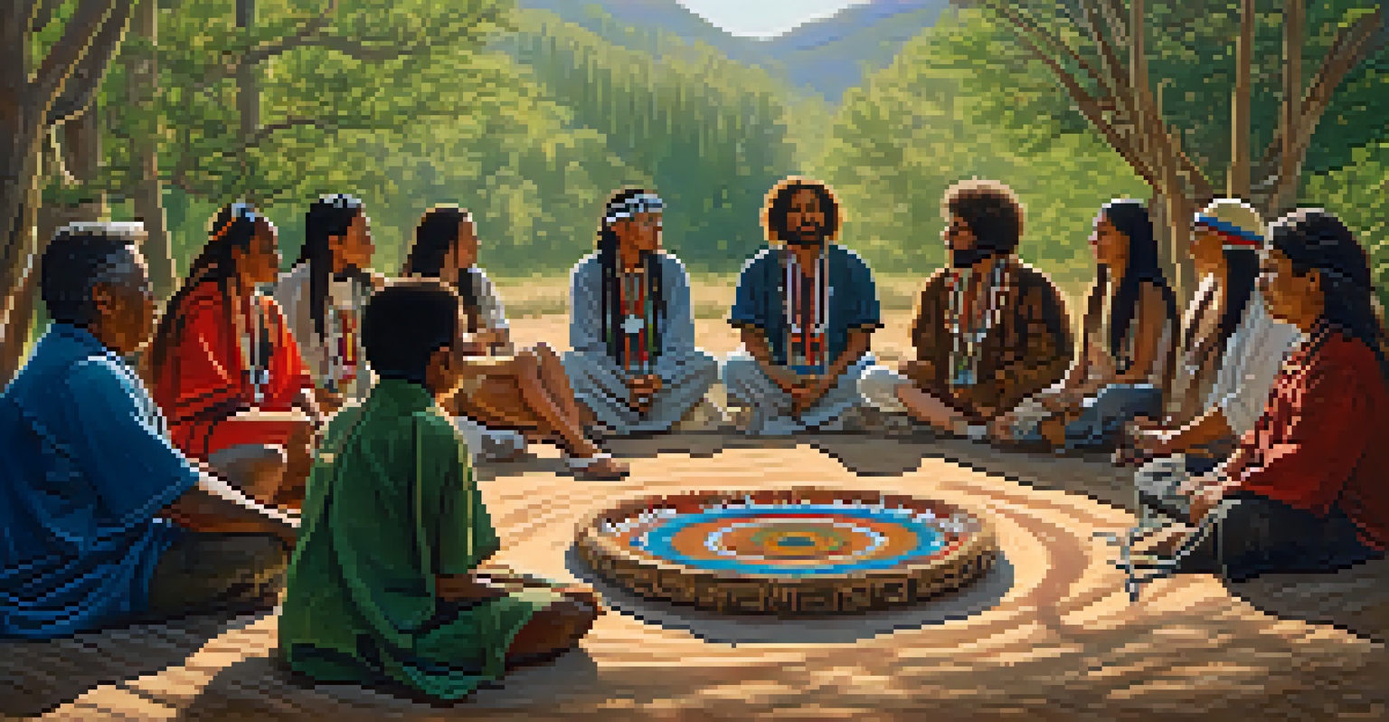 A diverse group of people sitting in a circle during a peyote ceremony in nature, looking contemplative and connected.