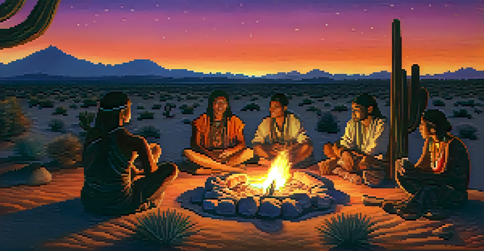 A group of indigenous people sharing stories around a fire in a desert landscape at dusk, with a peyote cactus in the foreground.
