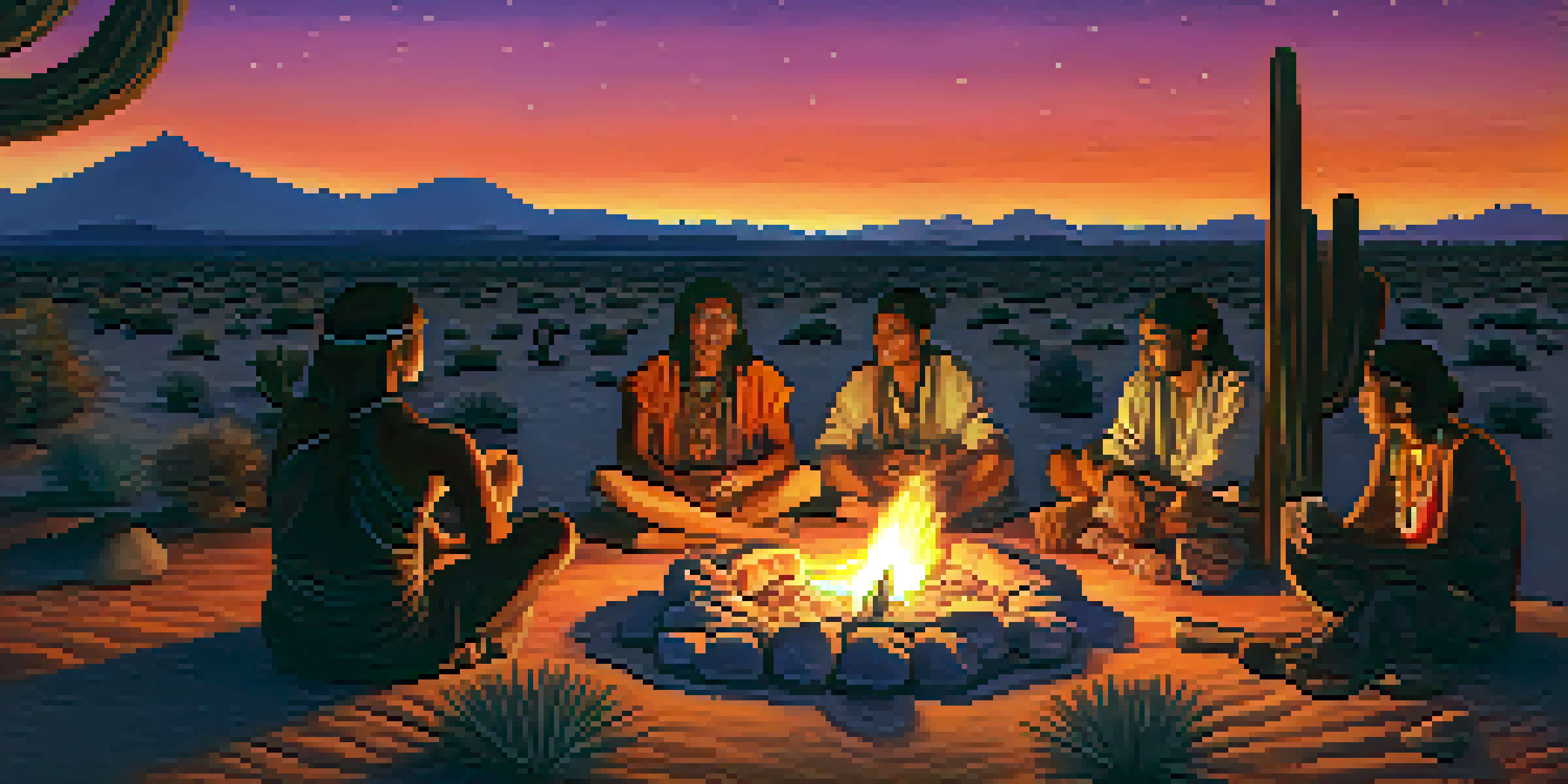 A group of indigenous people sharing stories around a fire in a desert landscape at dusk, with a peyote cactus in the foreground.