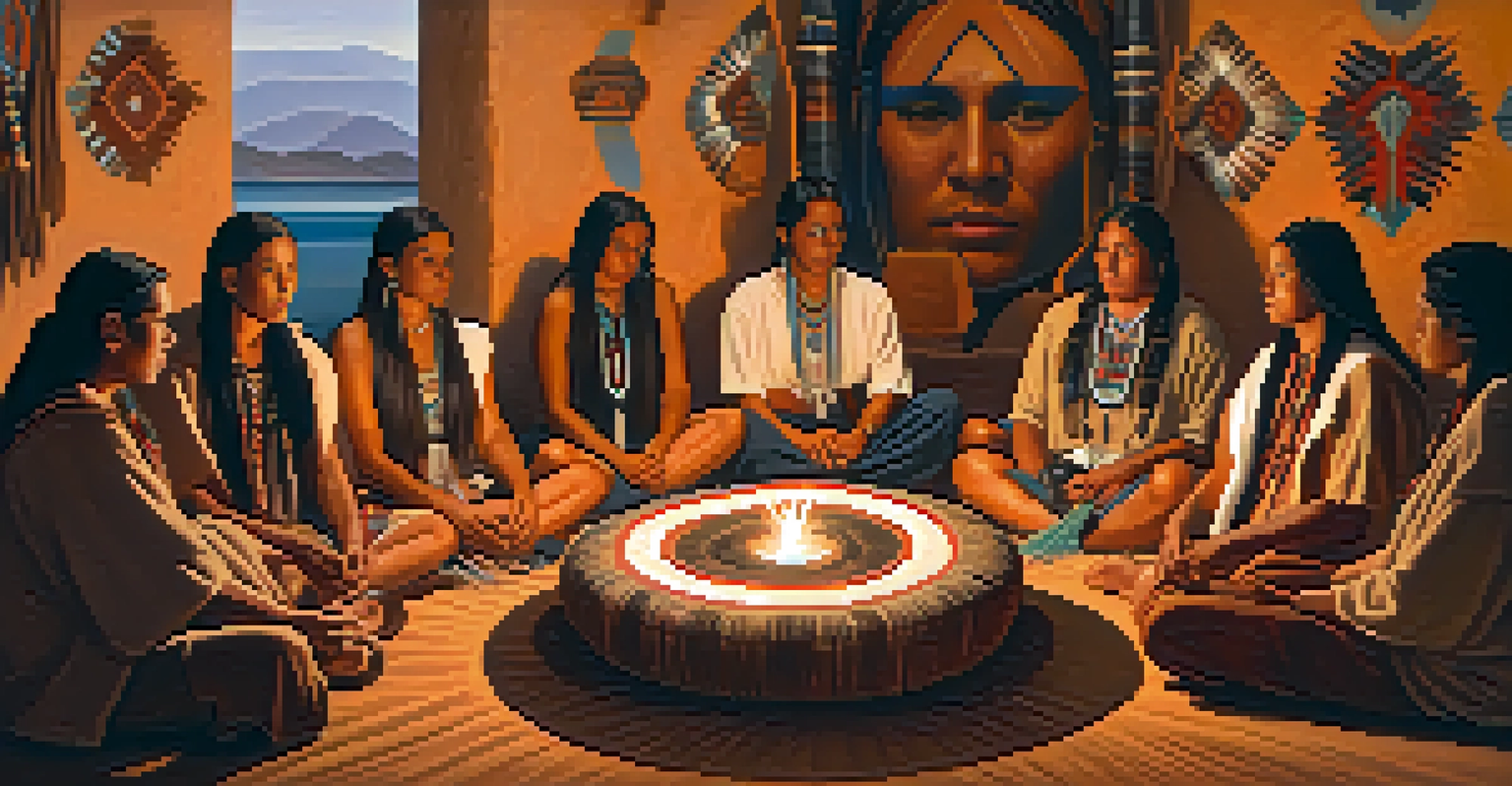 A group of Native American individuals participating in a peyote ceremony with candles and traditional decor.