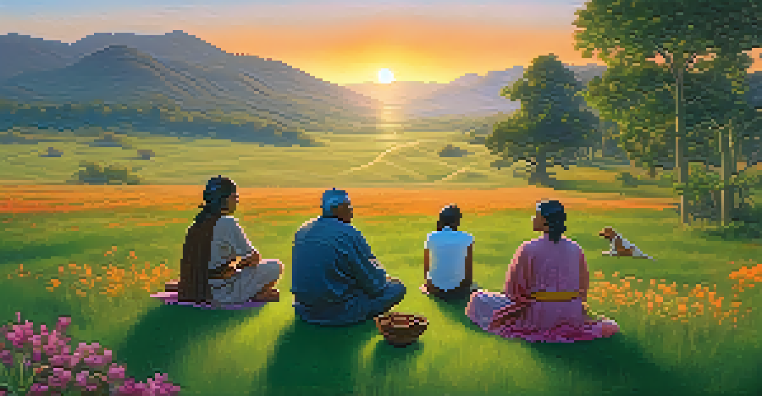 A group of people sitting in a meadow during a peyote ceremony at sunset, surrounded by wildflowers and engaged in conversation.