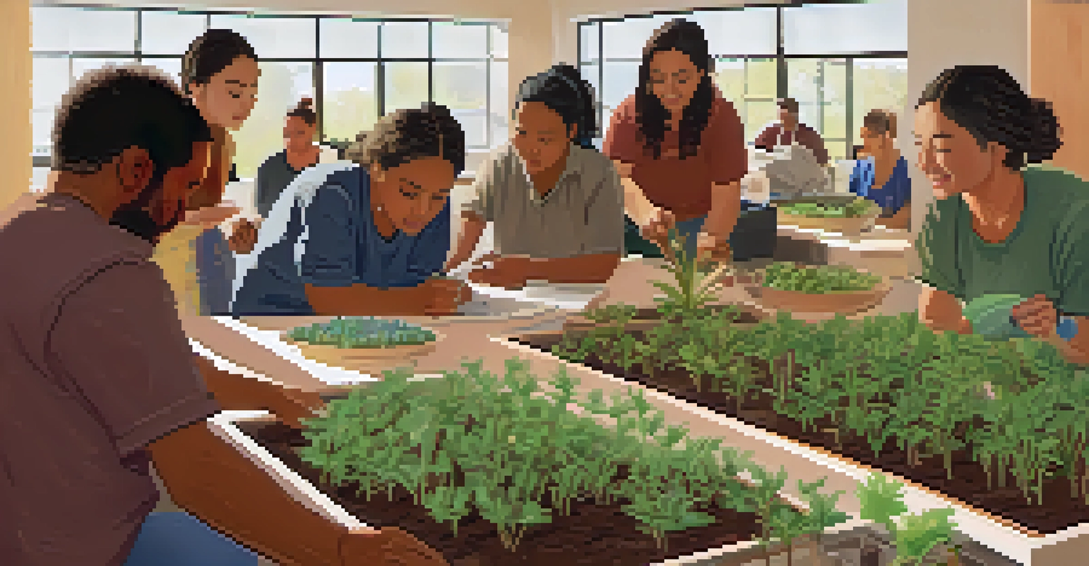 A lively community workshop where individuals are learning about sustainable peyote cultivation, surrounded by plants and educational resources in a bright space.
