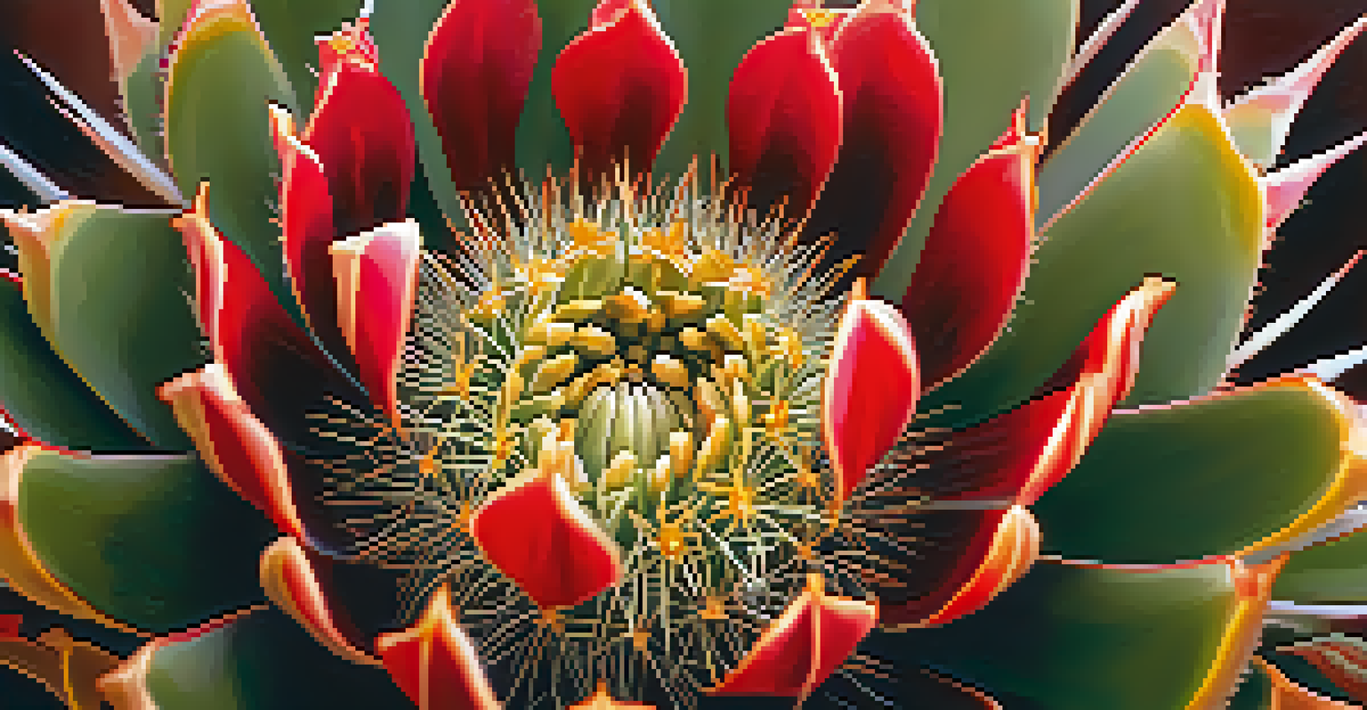 A detailed close-up of a peyote cactus showcasing its spines and flowers with a blurred background of desert plants.