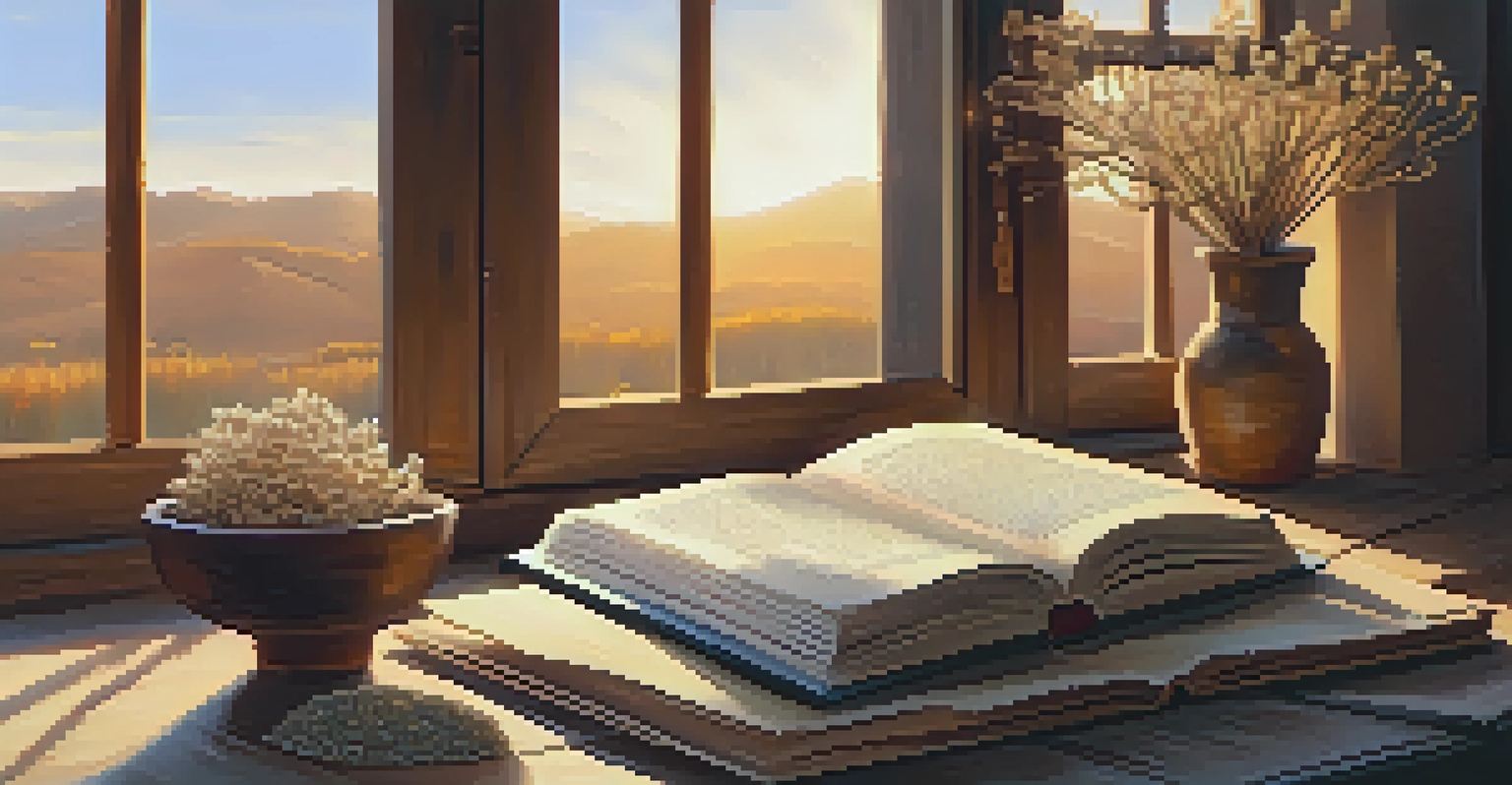 A cozy scene with an open poetry book, dried peyote flowers, and a pottery bowl, all bathed in warm sunlight.