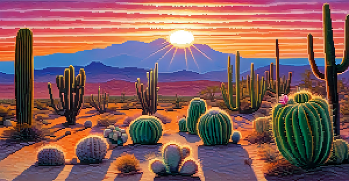 A desert landscape with peyote cacti in the foreground and a colorful sunset in the background.