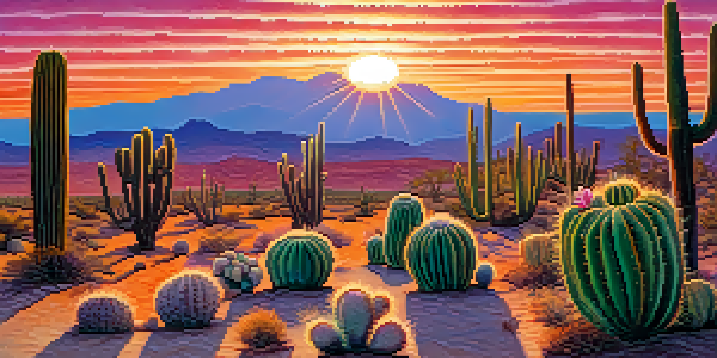 A desert landscape with peyote cacti in the foreground and a colorful sunset in the background.