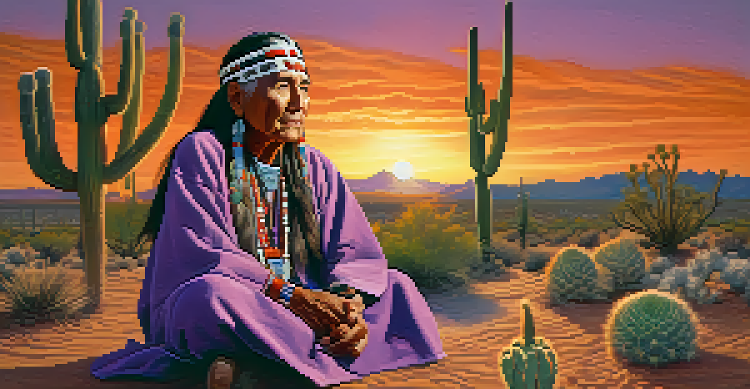 A Native American elder sitting in a desert surrounded by peyote cacti, with a colorful sunset in the background.