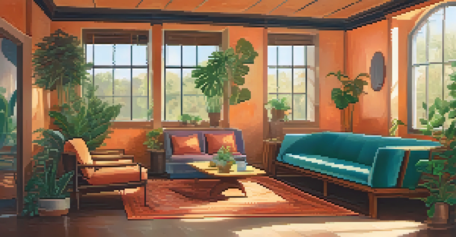 A cozy indoor therapy space designed for psychedelic sessions with plants and warm colors.