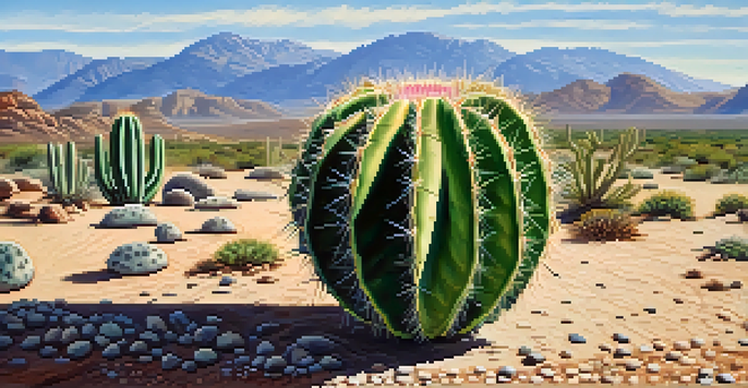 A detailed close-up of a peyote cactus in a desert setting under a clear blue sky.
