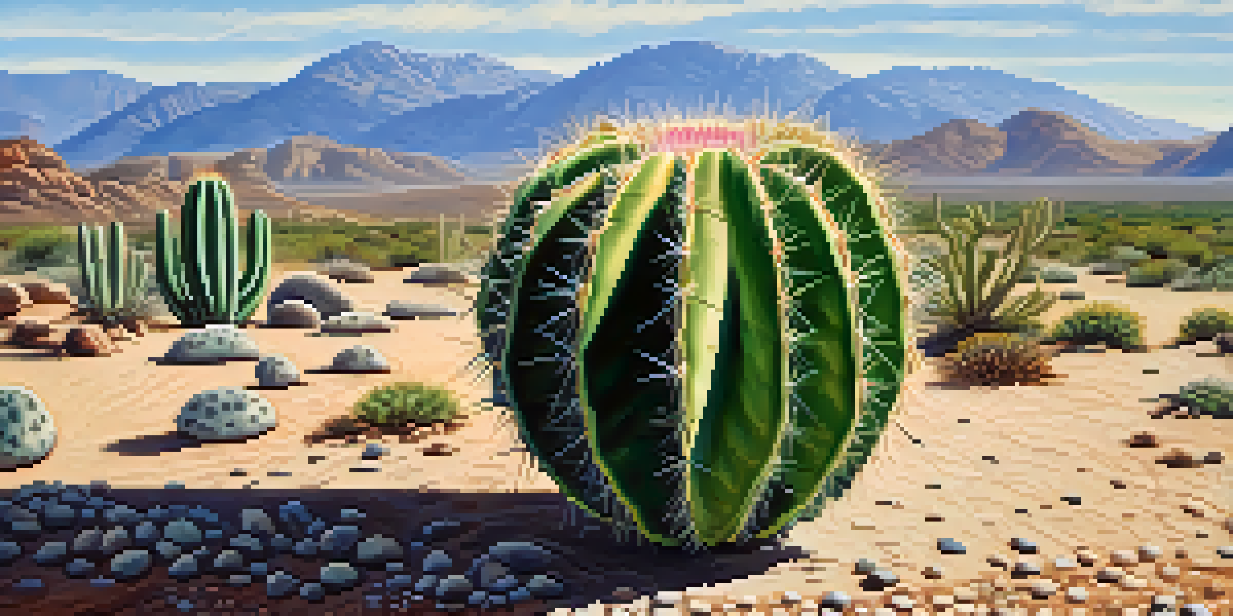 A detailed close-up of a peyote cactus in a desert setting under a clear blue sky.