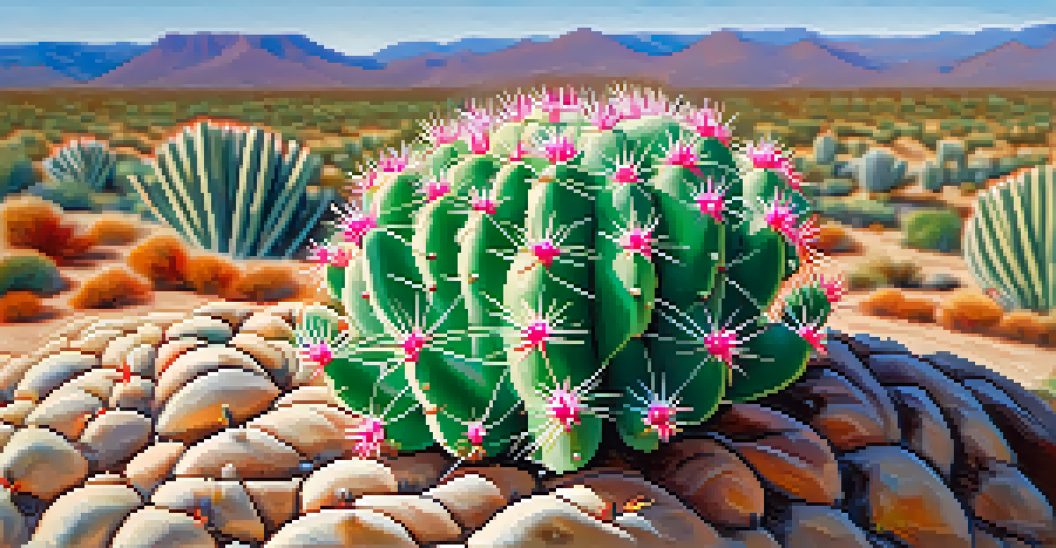 A detailed close-up of a peyote cactus, highlighting its spines and vibrant colors against a blurred desert background.